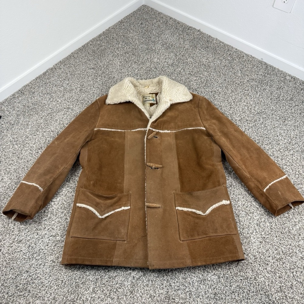 Pioneer Wear Sherpa Lined Western Brown Suede Shearling Coat Mens 44 Rancher